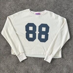 Edikted Cream Waffle Knit Crewneck Sweater with Navy '88 Graphic